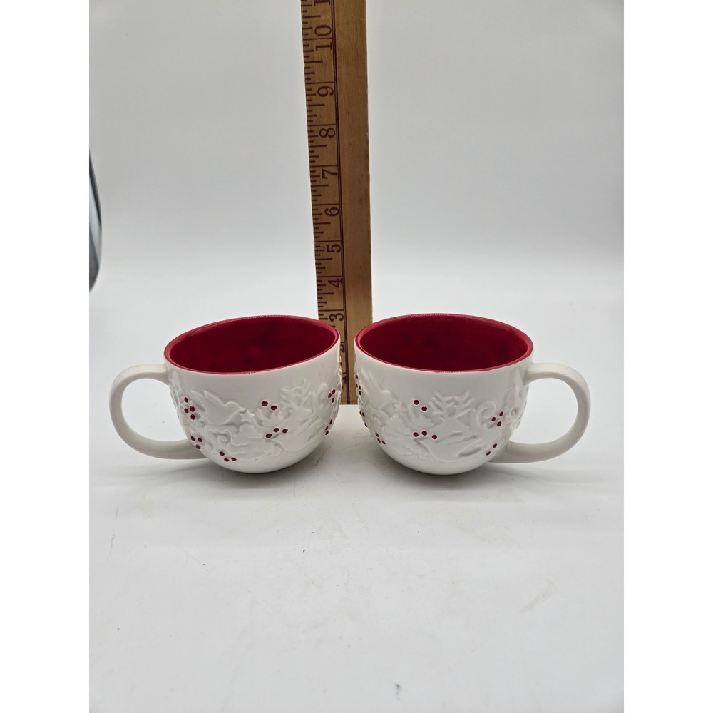 (2) Starbucks 2008 Holiday Coffee‎ Tea Mug 12oz White Doves Red Holly Berries